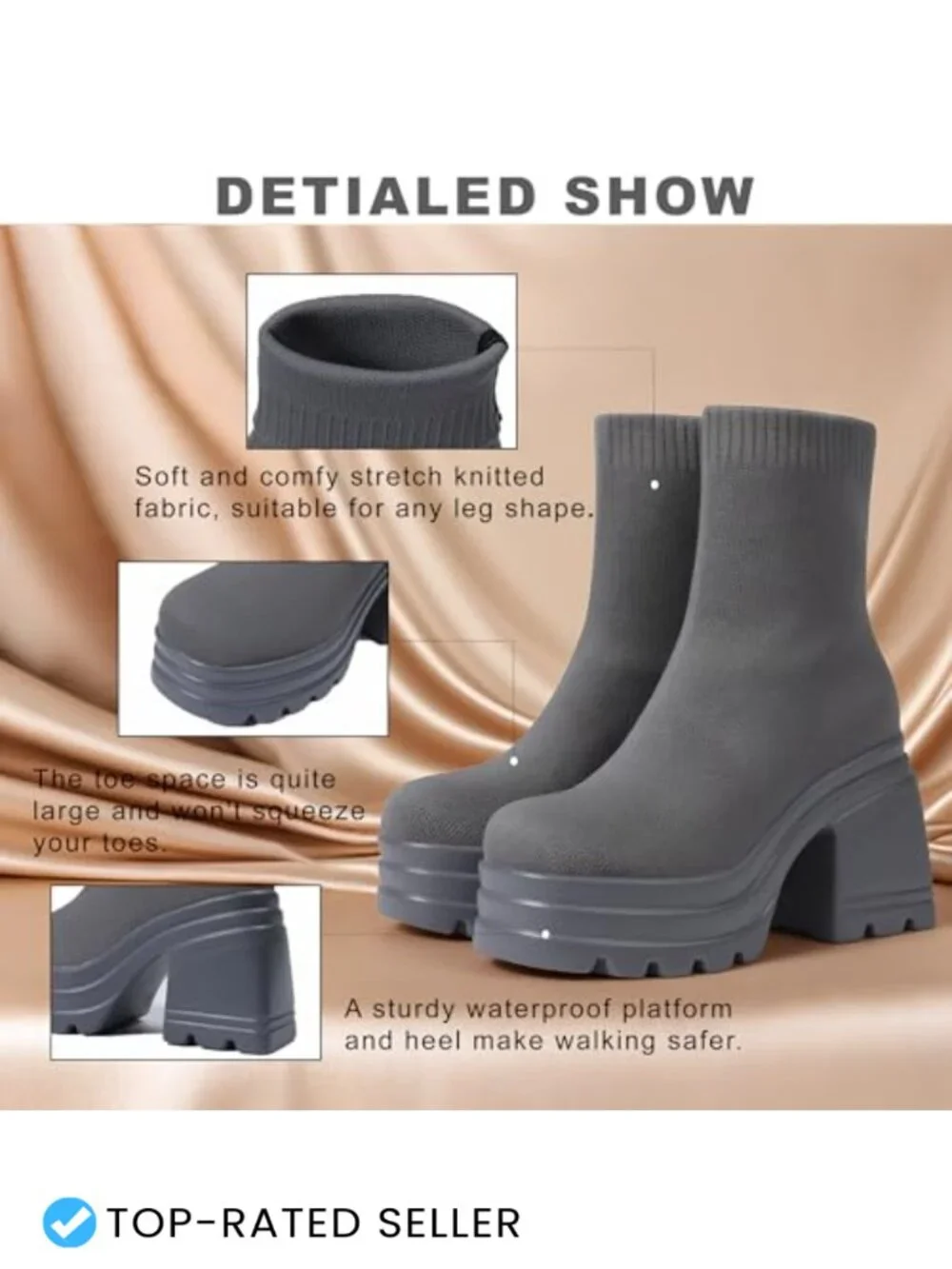 Women's Platform Ankle Boots Chunky Block Heel Slip On Stretch Knit Sock Booties